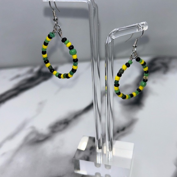 Vibrant Jamaican Beaded Hoop Earrings - Black, Yellow, Green - Picture 2 of 3